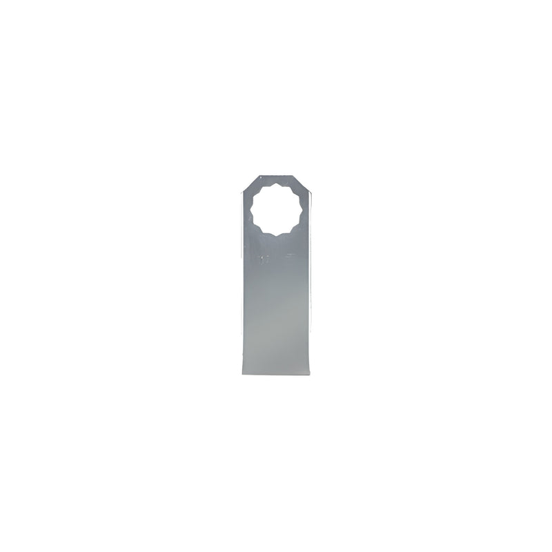 A flat, rectangular metal caulking blade with a star-shaped mounting hole designed for Fein knives.