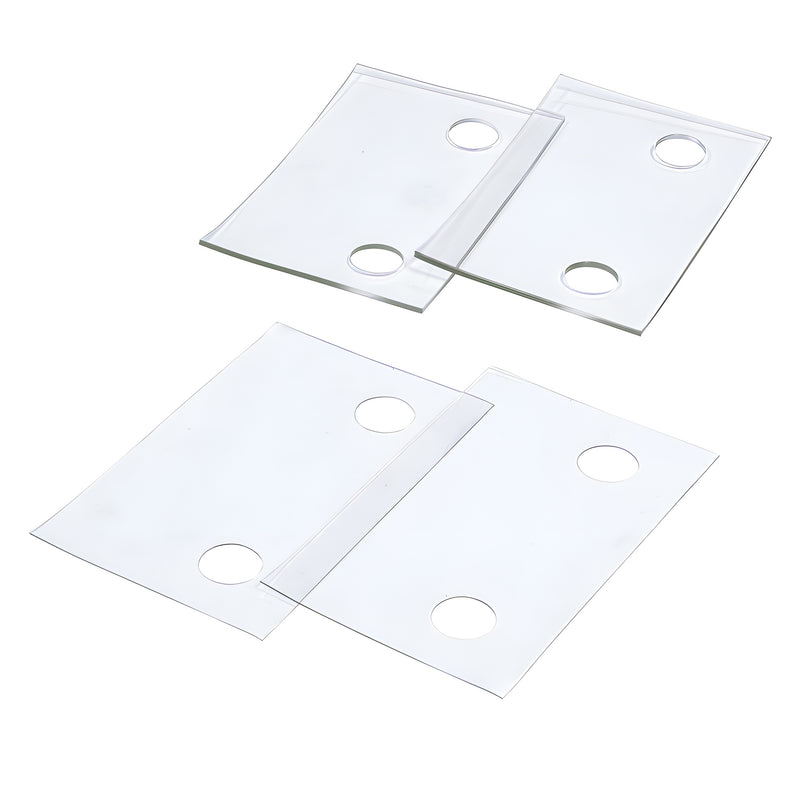 Four clear plastic rectangular gaskets with pre-cut circular holes arranged on a white background.