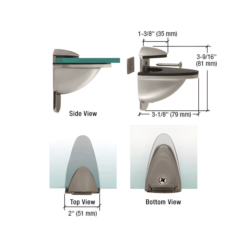 Technical diagram showing side, top, and bottom views of the brushed nickel adjustable shelf bracket with dimensions.