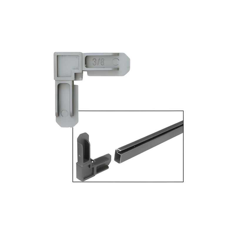 A gray plastic square cut screen frame corner connector shown individually and inserted into a screen frame section.