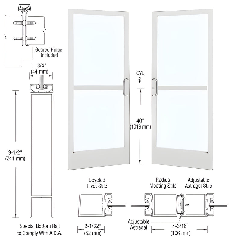 Technical diagram showing a pair of 72" x 84" Series 250 narrow stile entrance doors with geared hinges and White KYNAR finish details.