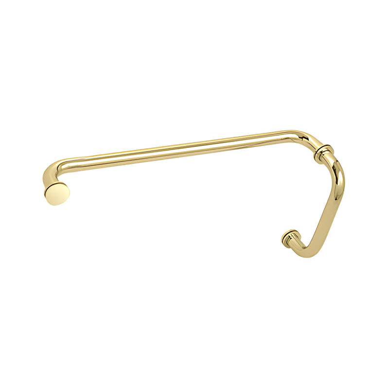 An unlacquered brass BM series combination pull handle and towel bar with metal washers for glass shower doors.