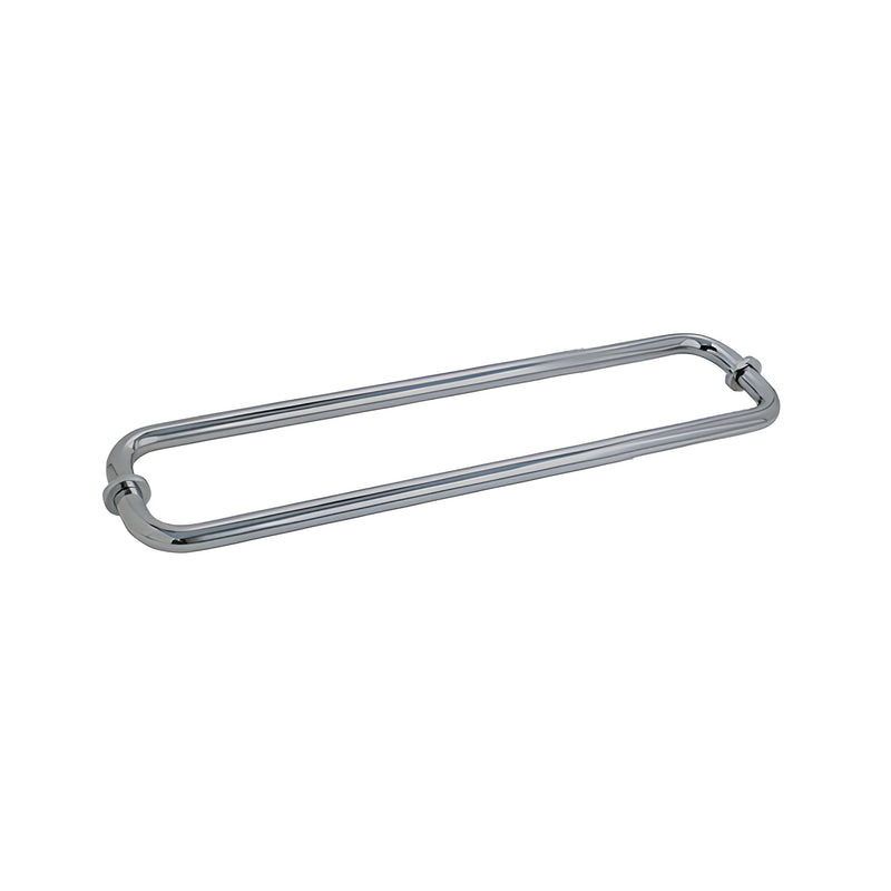 A brushed nickel 18-inch back-to-back tubular towel bar with metal washers designed for glass mounting.