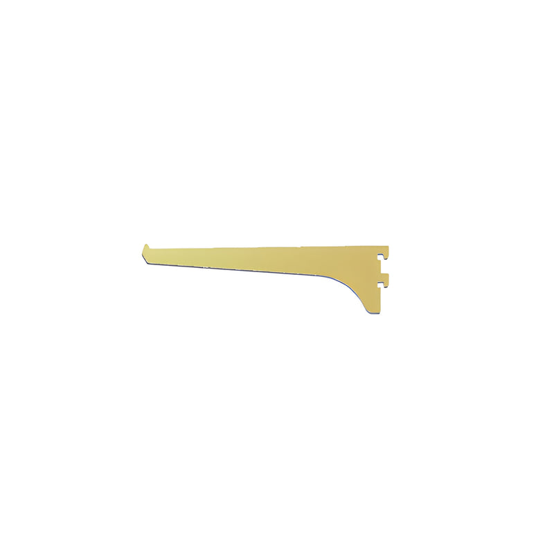 An 8-inch aluminum shelf bracket featuring a gold anodized finish and a slotted mounting end.