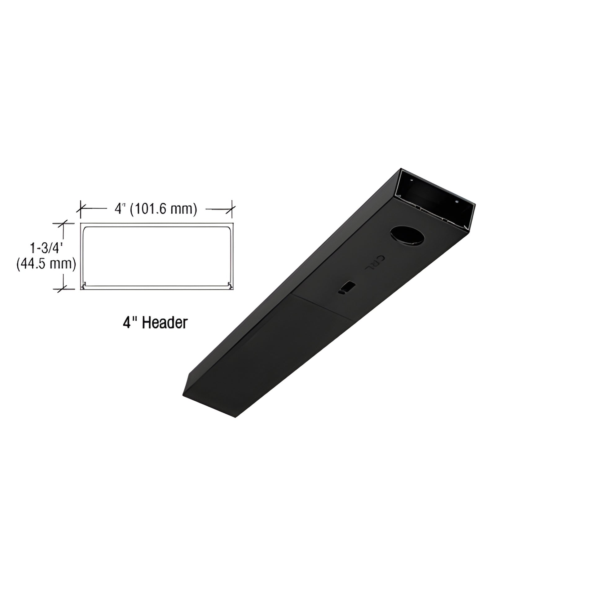 Matte black single 4 in door header, 41-1/4 in long, 1-3/4 in high, snap-in cover (SKU CDCH4MBLS)