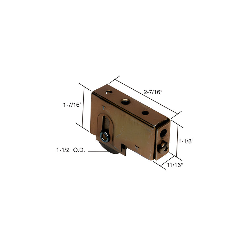 A steel sliding glass door roller with a concave wheel and adjustable housing shown with dimensional labels.