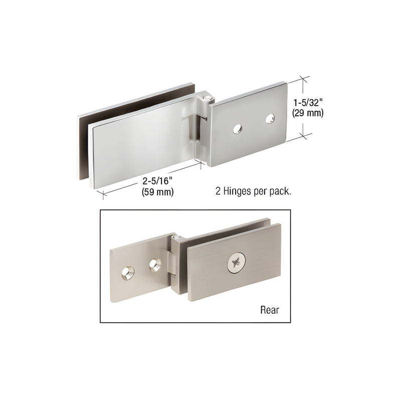 A polished chrome light duty frameless cabinet door hinge with square corners, shown from front and rear views with dimension labels.