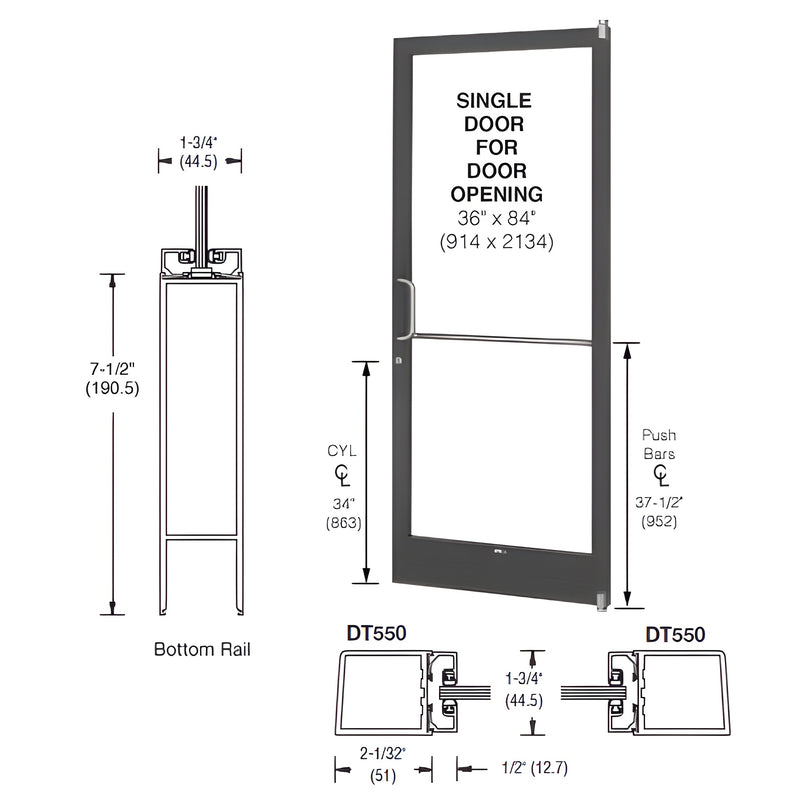 Technical diagram showing the dimensions and components of a CRL-U.S. Aluminum 250 Series narrow stile single door with a 7-1/2 inch bottom rail.