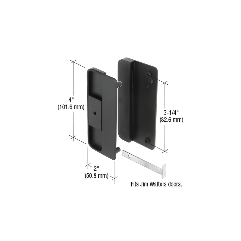 A technical diagram showing the black plastic sliding screen door latch and pull components with 3-1/4 inch screw hole spacing.