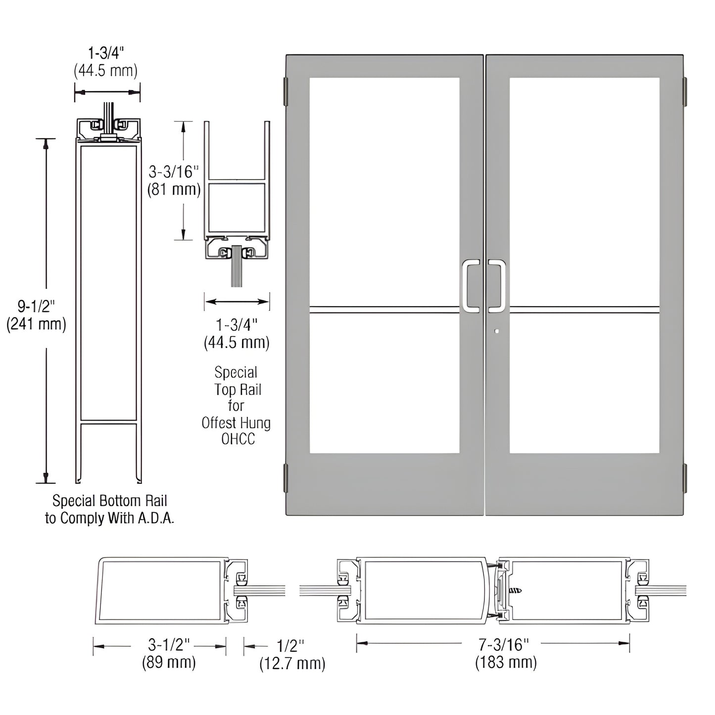 CRL-U.S. Aluminum S400 Med-Stile Clear Anodized Butt-Hinged Door Pair