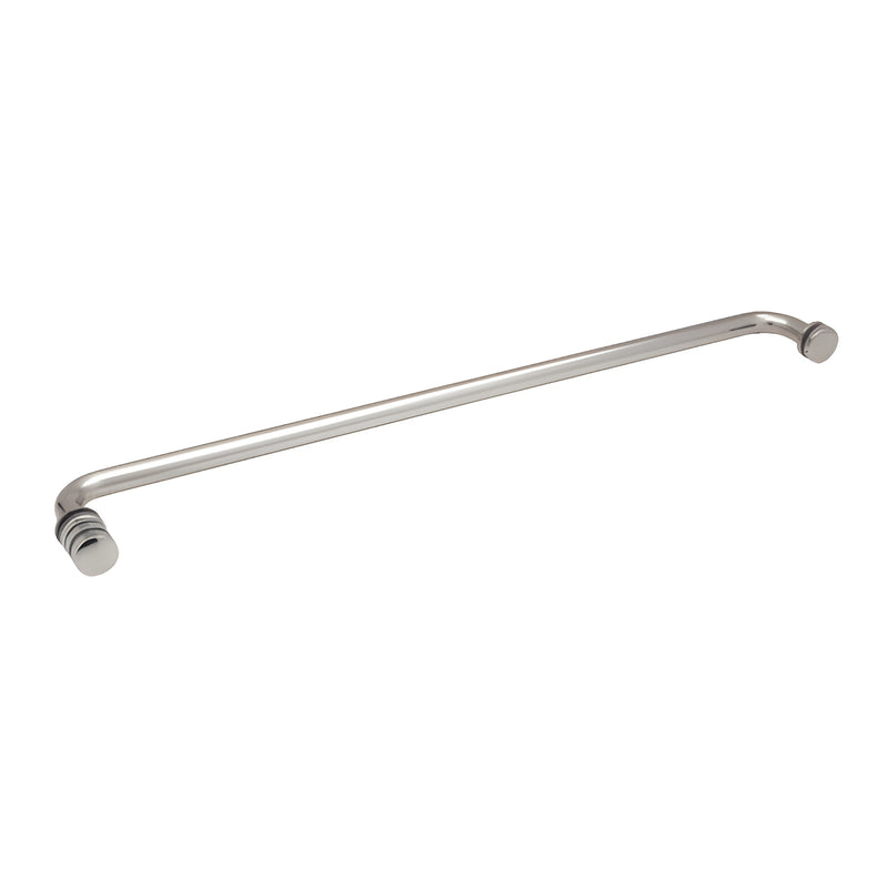 A polished chrome 24-inch towel bar with contemporary knobs designed for glass mounting.