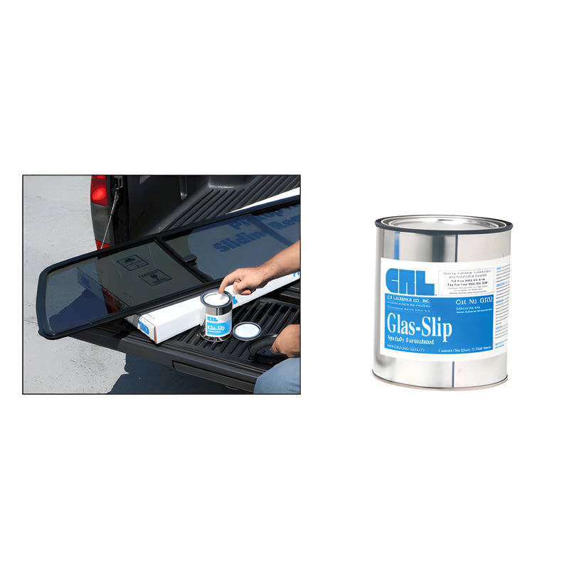 A person applies CRL Glas-Slip lubricant to a sliding glass window assembly resting on a truck tailgate.