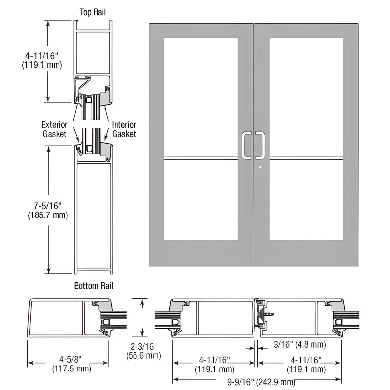 Technical diagram showing the profile, rail dimensions, and front elevation of a CRL-U.S. Aluminum IG600 Hurricane Series double entrance door.