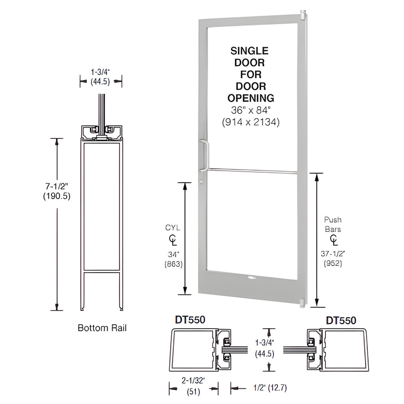 Technical diagram showing a 3'0 x 7'0 narrow stile single door with a 7-1/2" bottom rail and offset pivots.