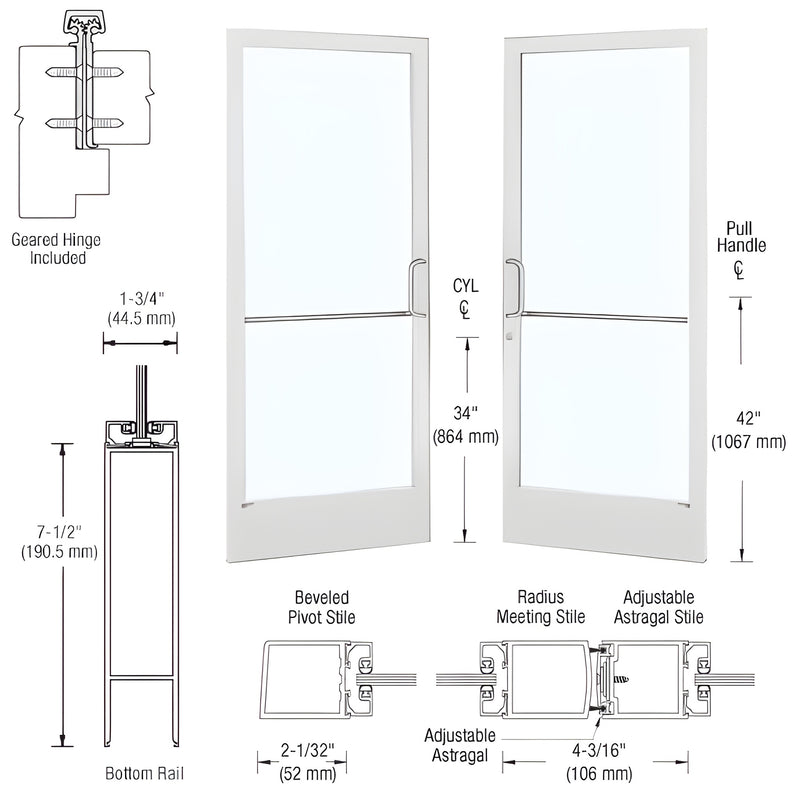 Technical diagram showing the profile, dimensions, and assembly of CRL-U.S. Aluminum Series 250 narrow stile geared hinge entrance doors in White Kynar.