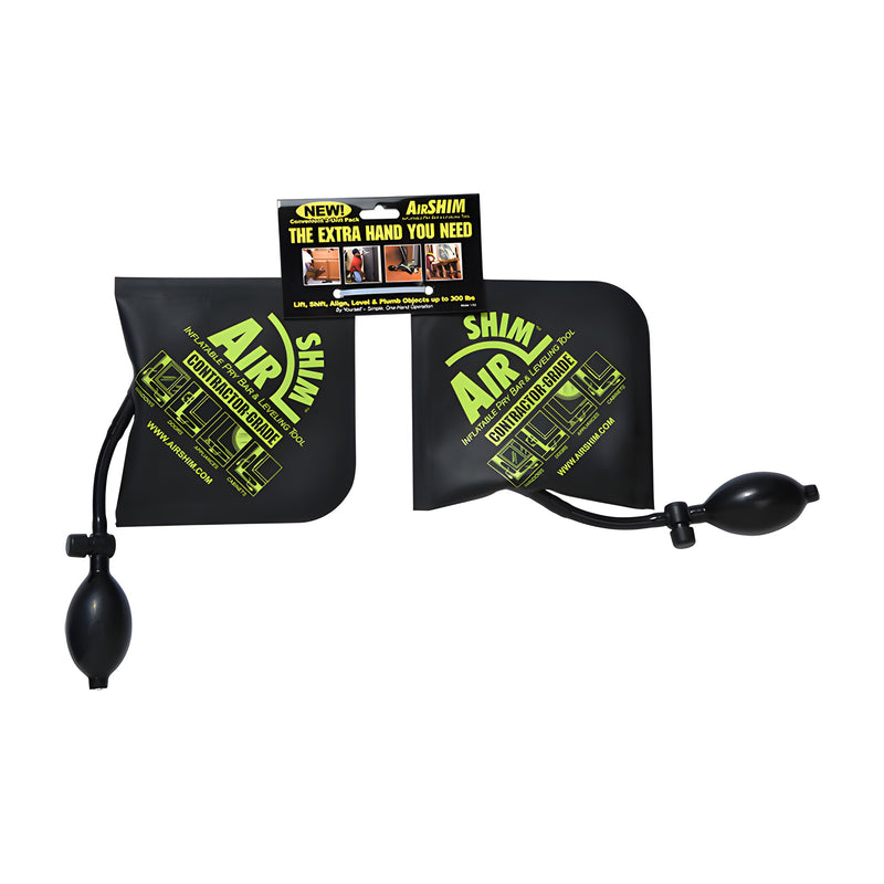 A pair of black Air Shim inflatable leveling tools with hand pumps and retail packaging.