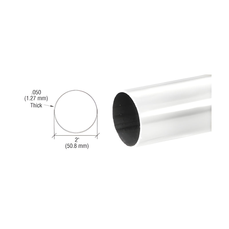 A technical diagram showing the 2-inch diameter and .050-inch wall thickness of the polished stainless steel tubing.