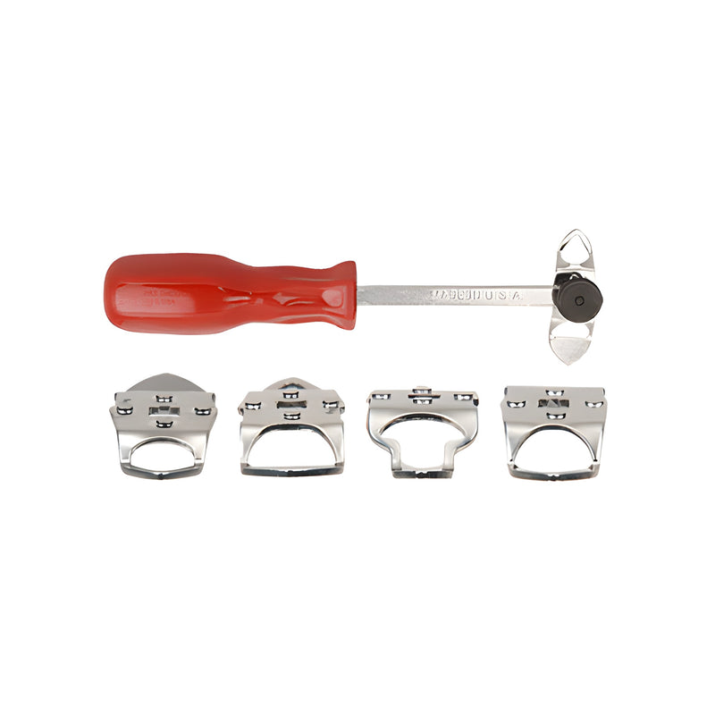 A CRL Swivel Tip Locking Strip Tool with a red handle and four interchangeable metal tips displayed below.