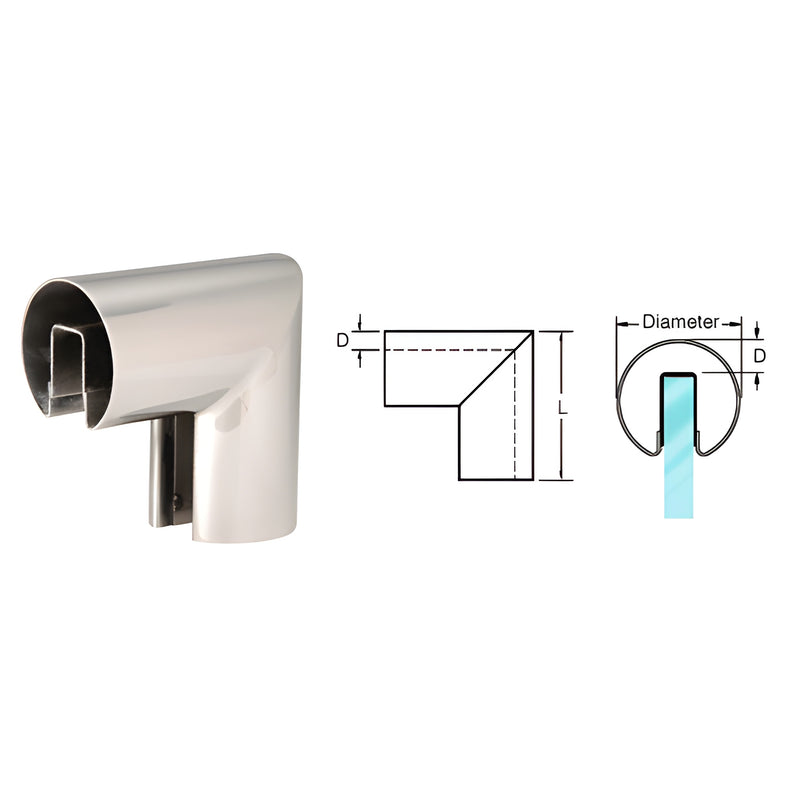 A brushed stainless steel 90-degree vertical corner connector for glass cap railing shown next to technical line drawings.