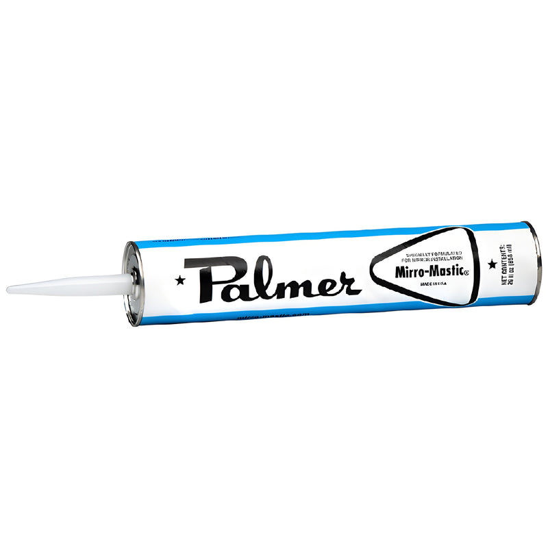 A 29-ounce cartridge of Palmer Mirro-Mastic adhesive with a white applicator tip.