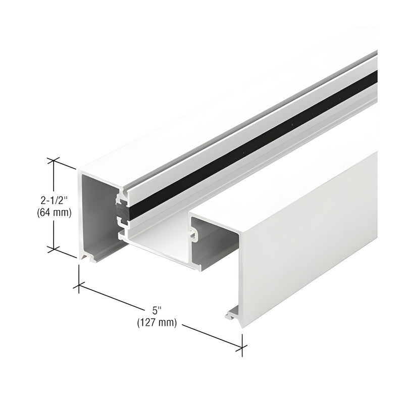 A cross-section view of a white thermally improved open back vertical mullion showing its 2-1/2 inch by 5 inch dimensions.