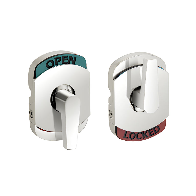 Two polished stainless steel lock indicators are shown, one displaying an open green status and the other a locked red status.