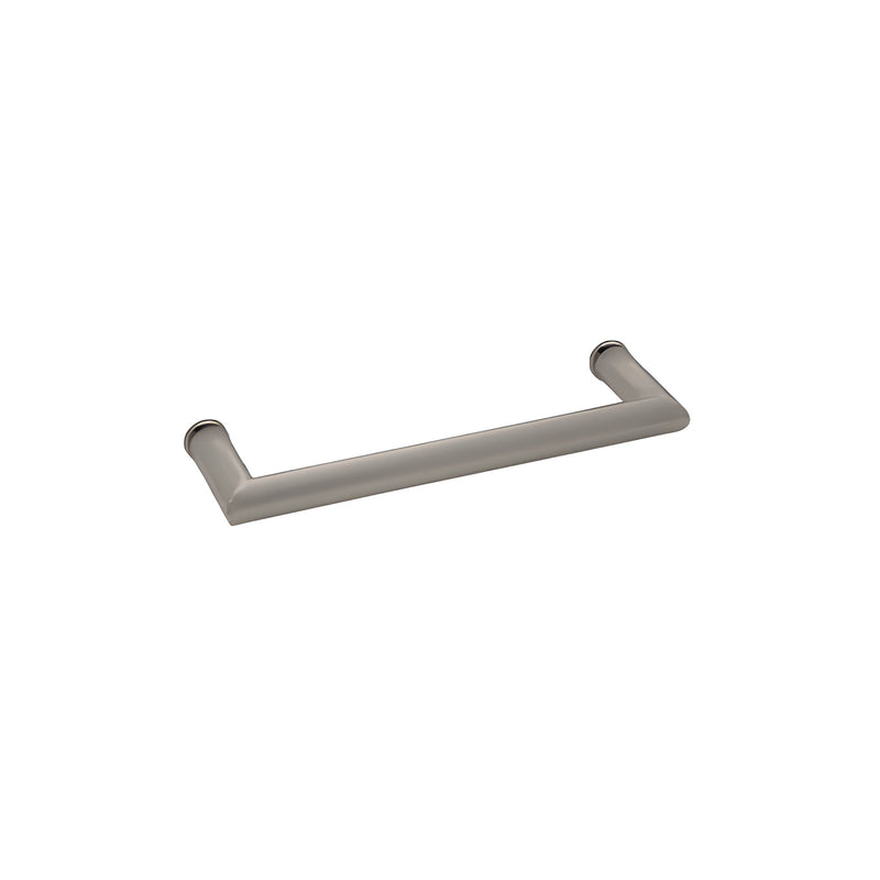 A brushed nickel 18-inch single-sided towel bar with a mitered corner tubular design for glass mounting.