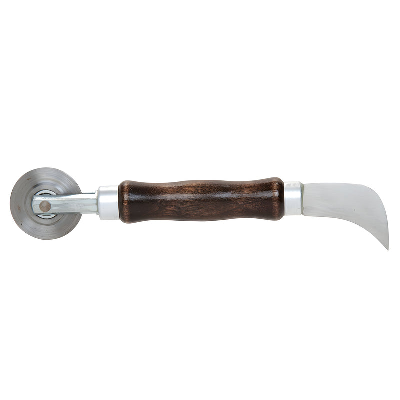 A combo spline roller and cutter tool featuring a 2-inch steel wheel on one end and a cutting blade on the other with a wooden handle.