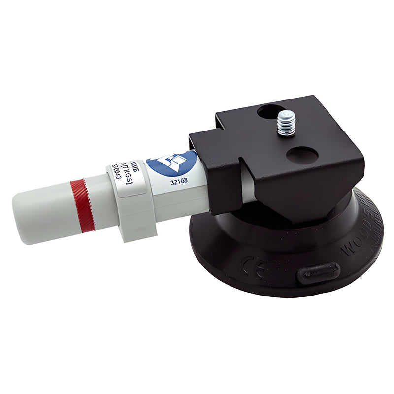 A compact vacuum lifter with a 3-inch black suction pad and a 1/4"-20 steel threaded bolt attachment.