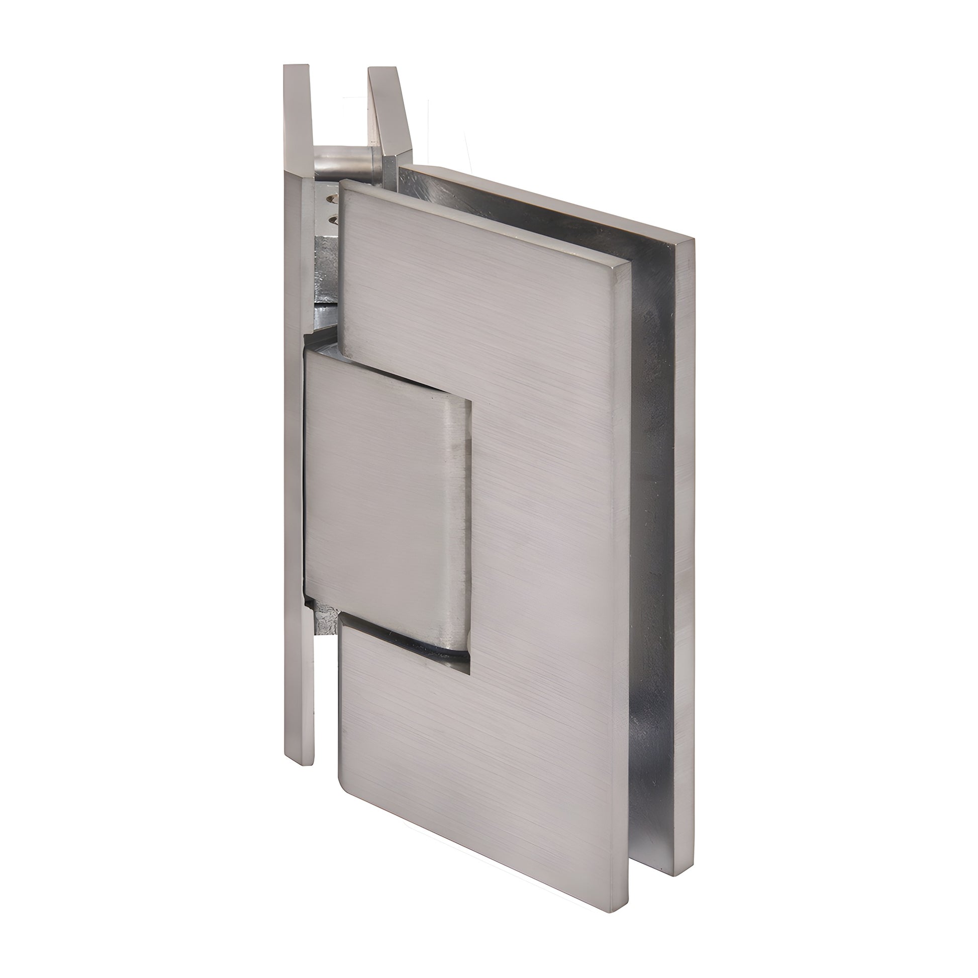 Brushed chrome square glass-to-glass shower hinge (Vienna) for 3/8-1/2 tempered glass, 135 pivot, solid brass.