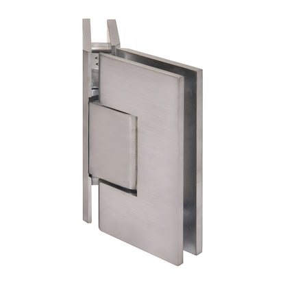 Brushed chrome square glass-to-glass shower hinge (Vienna) for 3/8-1/2 tempered glass, 135 pivot, solid brass.