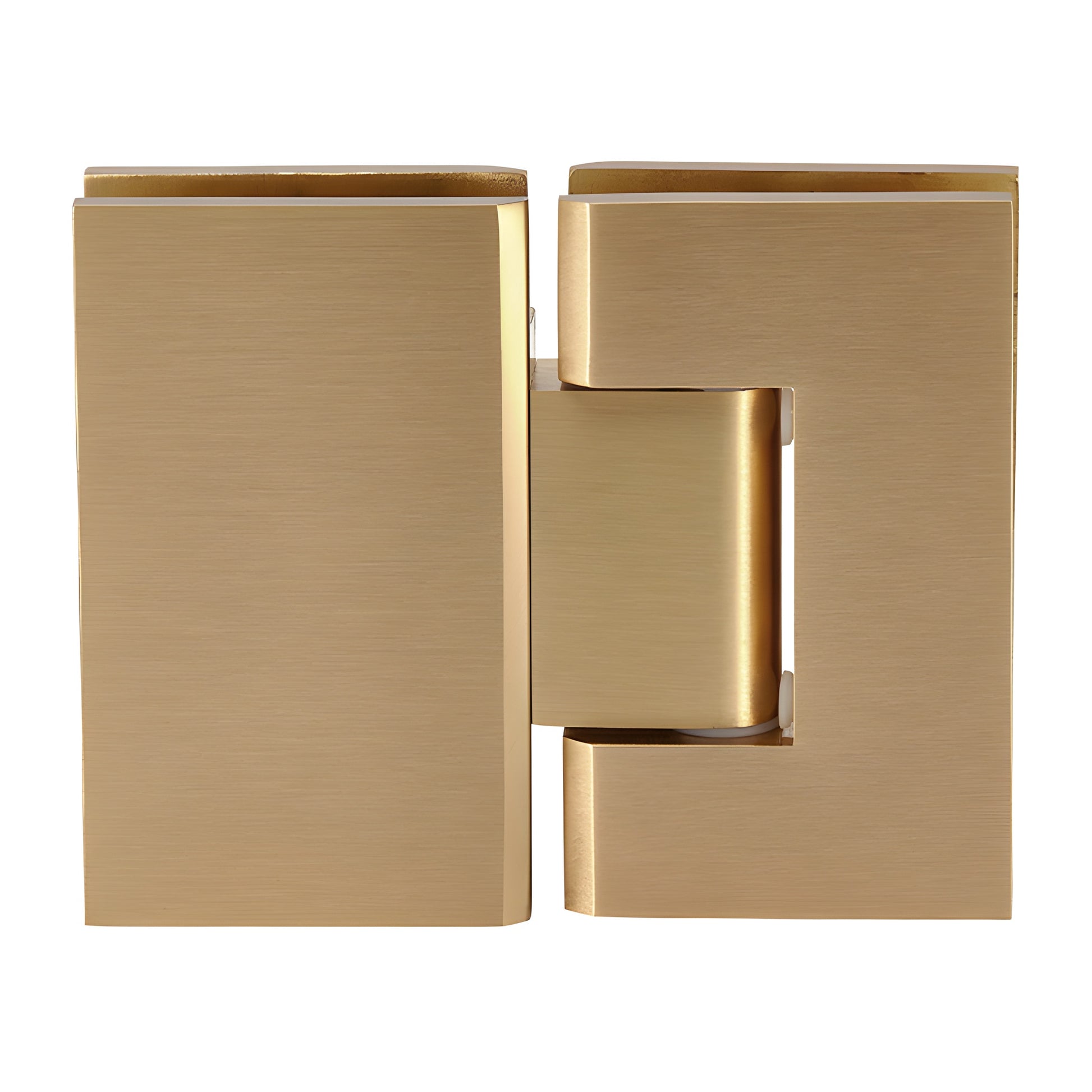 GEN580SB Geneva satin brass glass-to-glass shower hinge, square edge, self-centering 5 preset for 8-12mm glass