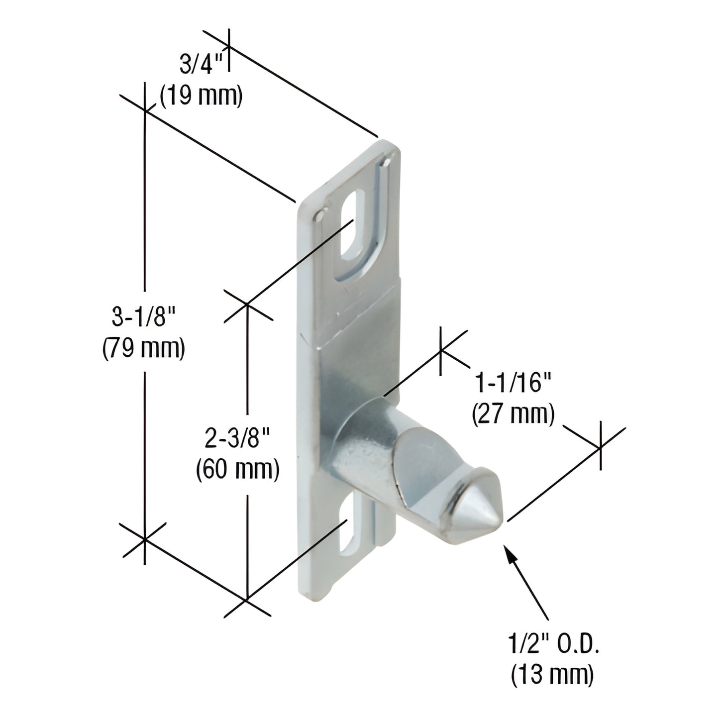 E2041 diecast zinc keeper with rubber bumper for C1025 sliding glass door handle; adjustable vertical screw slots.