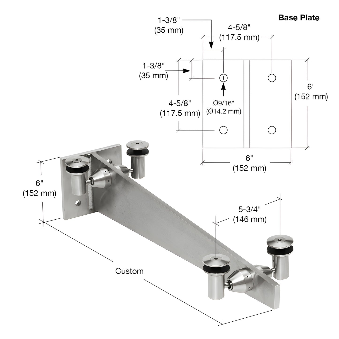 Stainless steel CRL Universal Curve wall-mount glass awning bracket (SKU GABCBS) with four glass attachment studs.