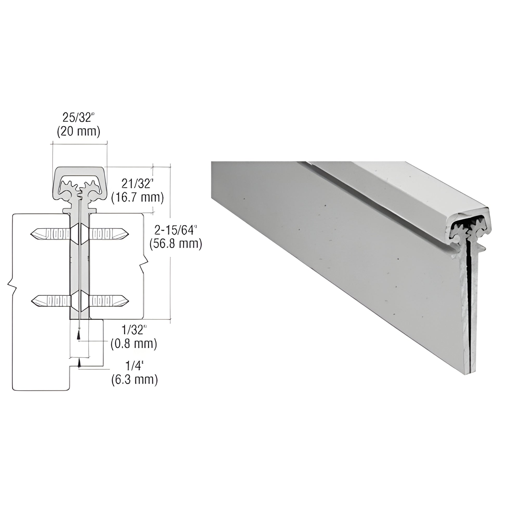 CRL concealed continuous hinge (SKU 30083A), satin anodized 83 in length, cross-section drawing and profile view.