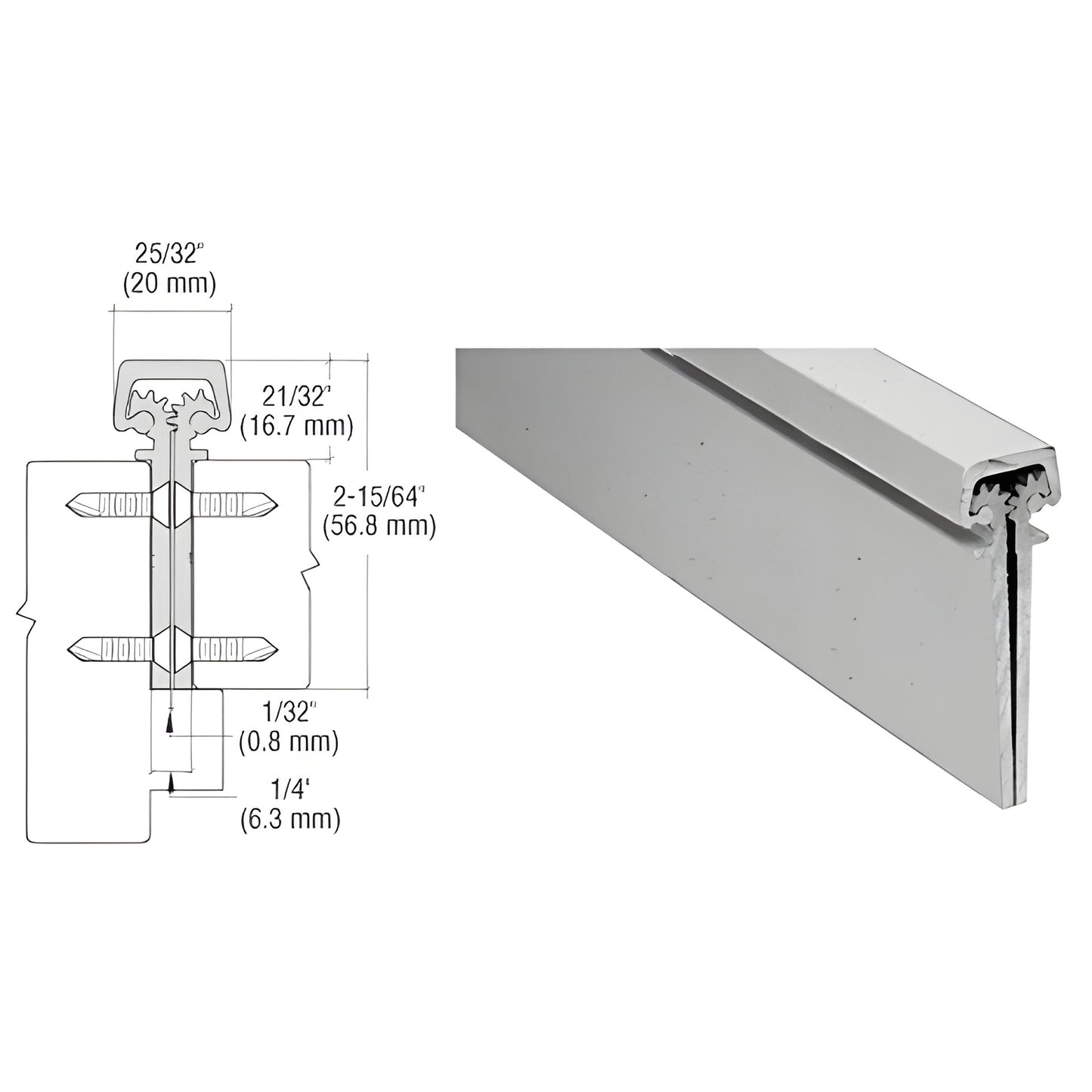Satin anodized concealed continuous hinge (section) with technical drawing showing dimensions; SKU 35095A.