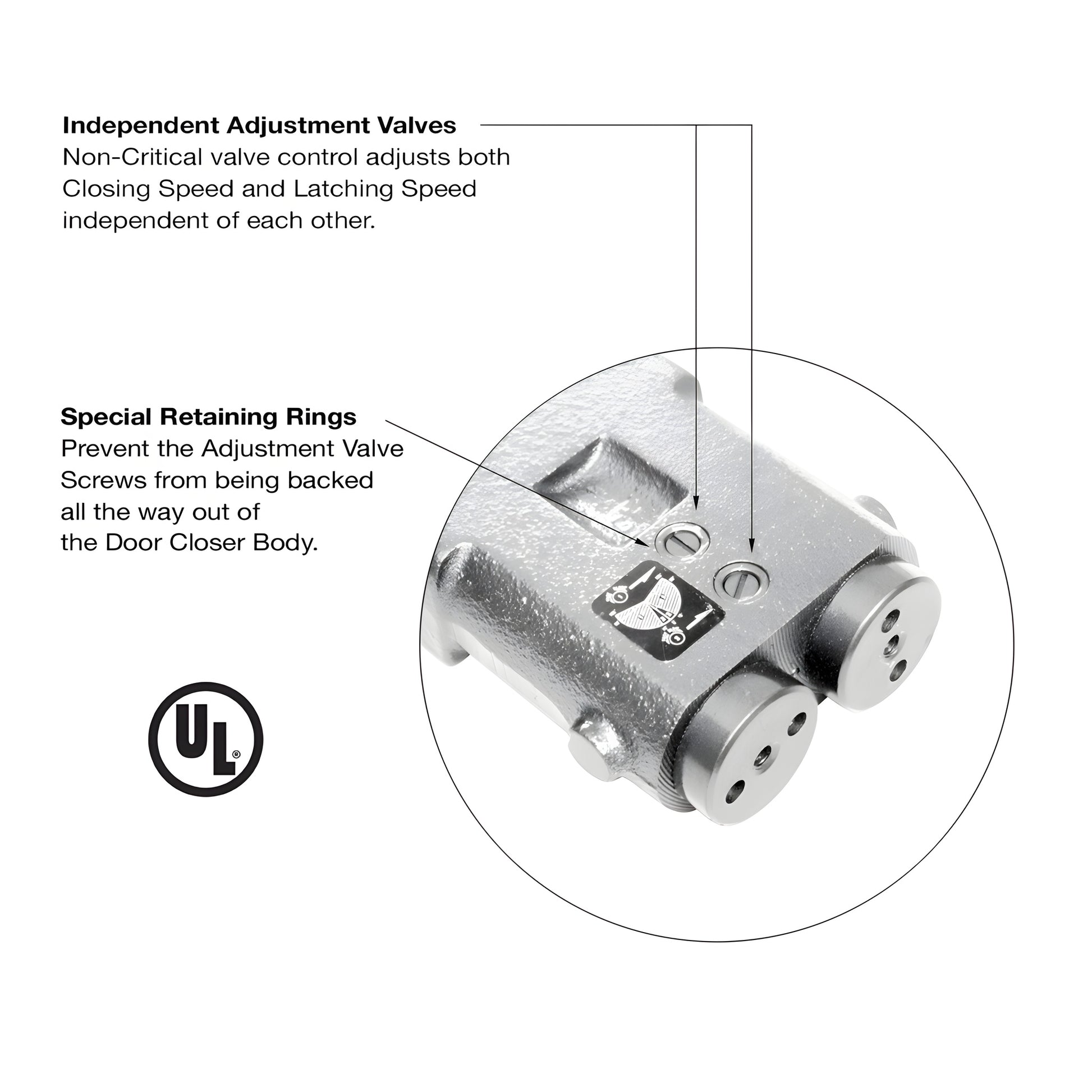 CRL7270 silver overhead concealed door closer body with mounting clips and templates, Jackson-style, 200 lb capacity