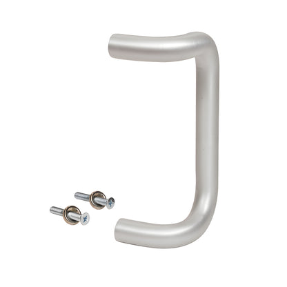Clear anodized aluminum offset pull handle, 1" dia, 8" center to center, includes two thru bolts.