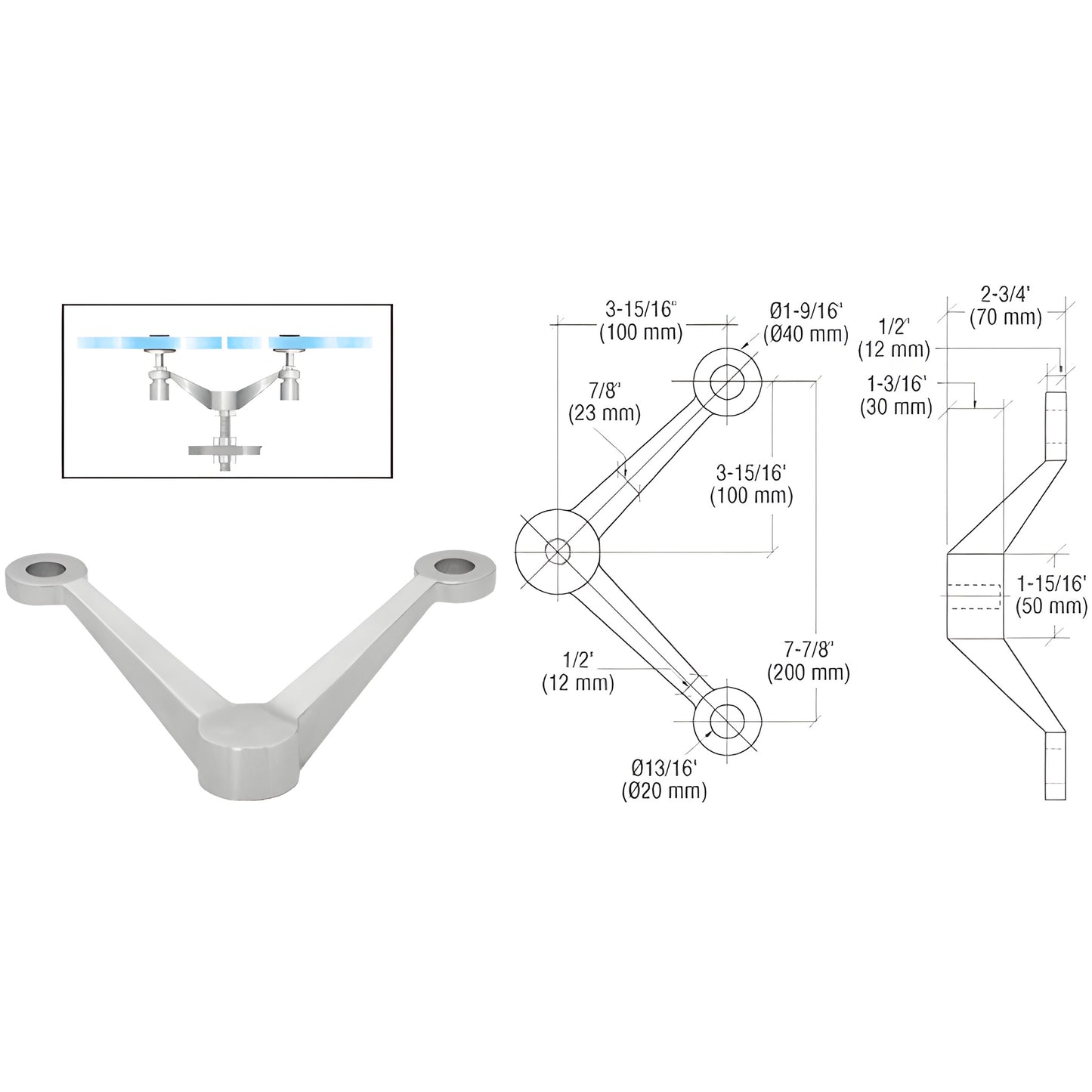 Stainless steel V-shaped post mount glass fitting (PMH2VBS) with installation inset and technical drawings.