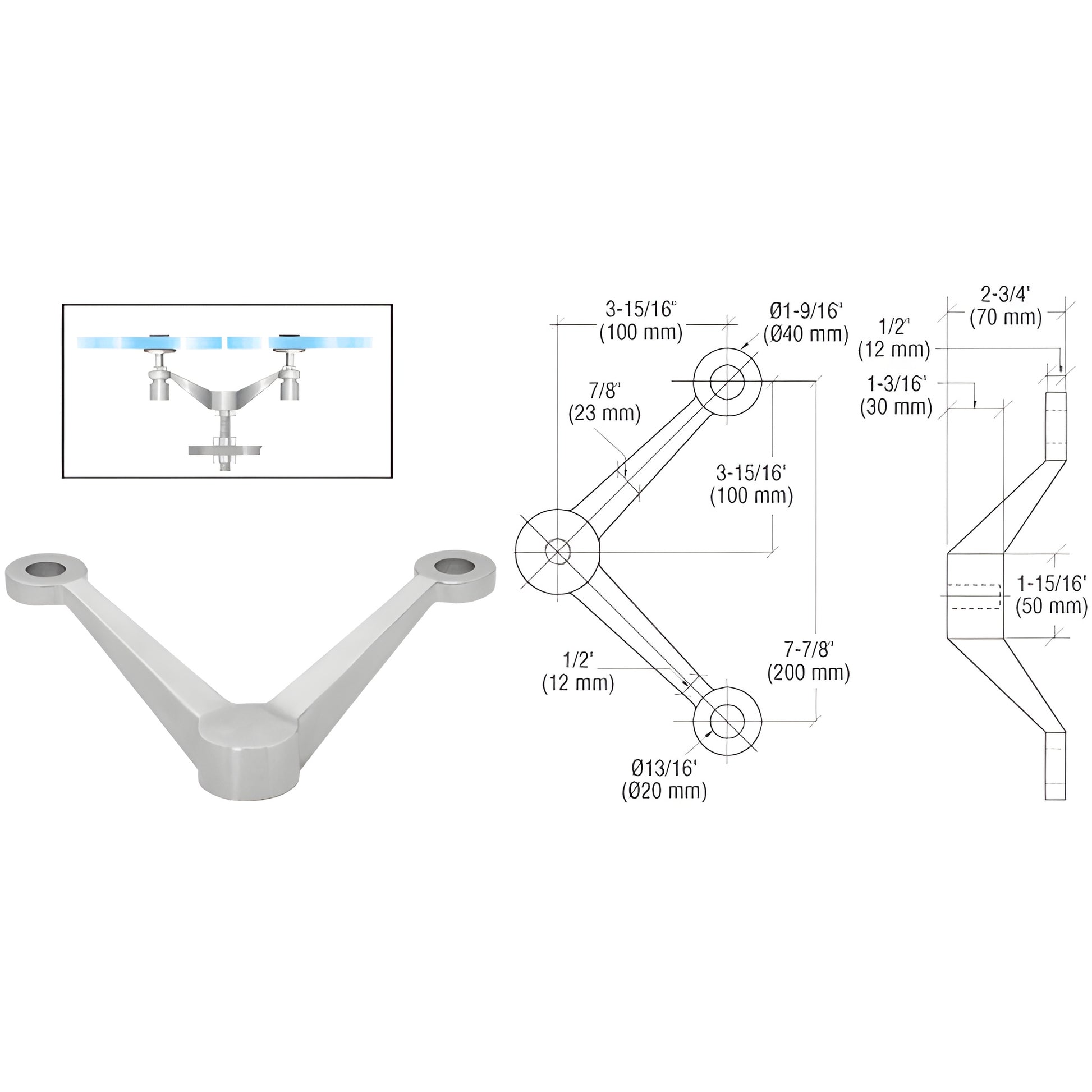 Stainless steel V-shaped post mount glass fitting (PMH2VBS) with installation inset and technical drawings.