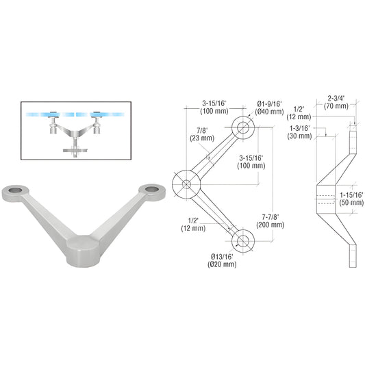 Stainless steel V-shaped post mount glass fitting (PMH2VBS) with installation inset and technical drawings.