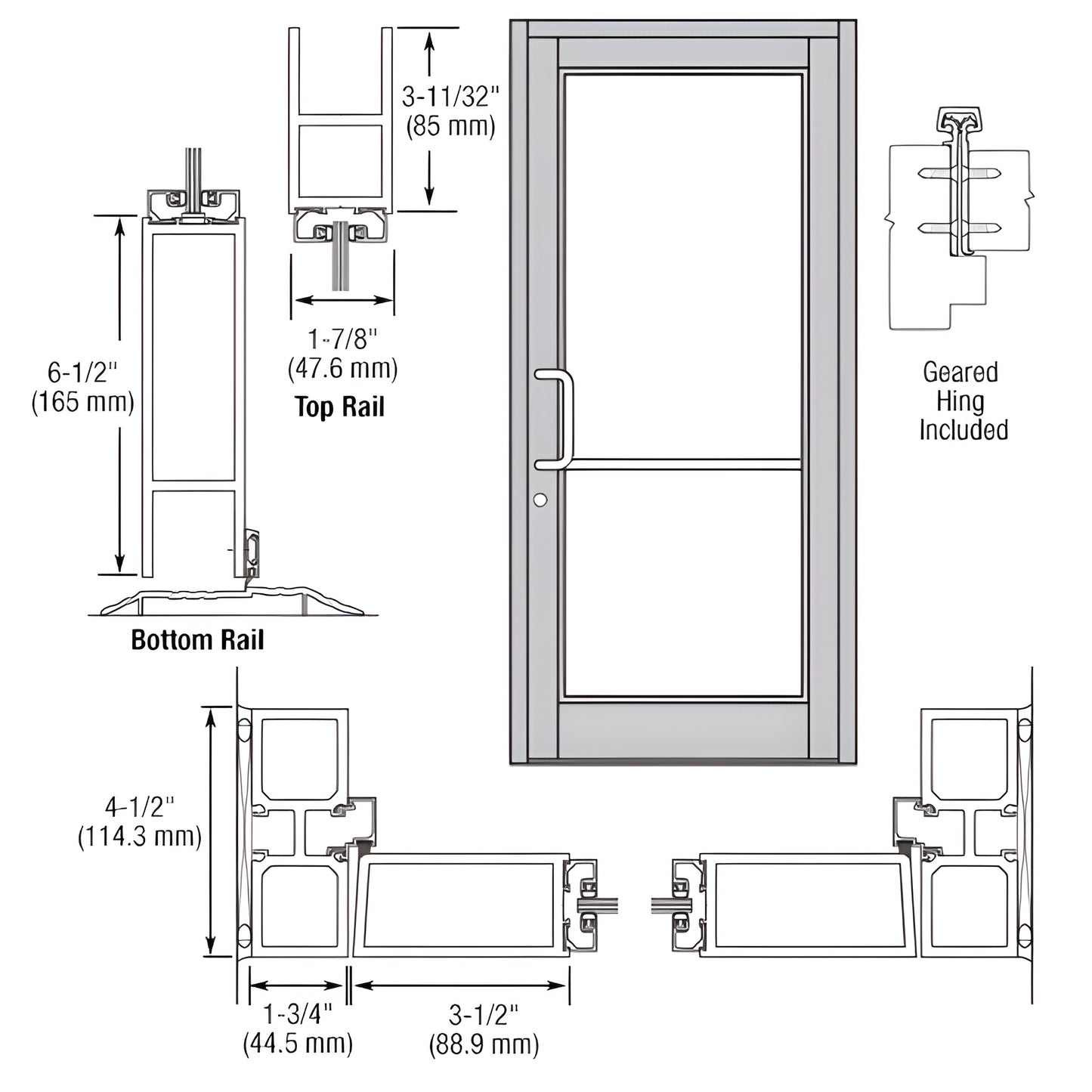 Clear anodized Durafront MS commercial entrance door drawing with push/pull, 6-1/2" bottom rail, keyed-alike lock. SKU DC8181