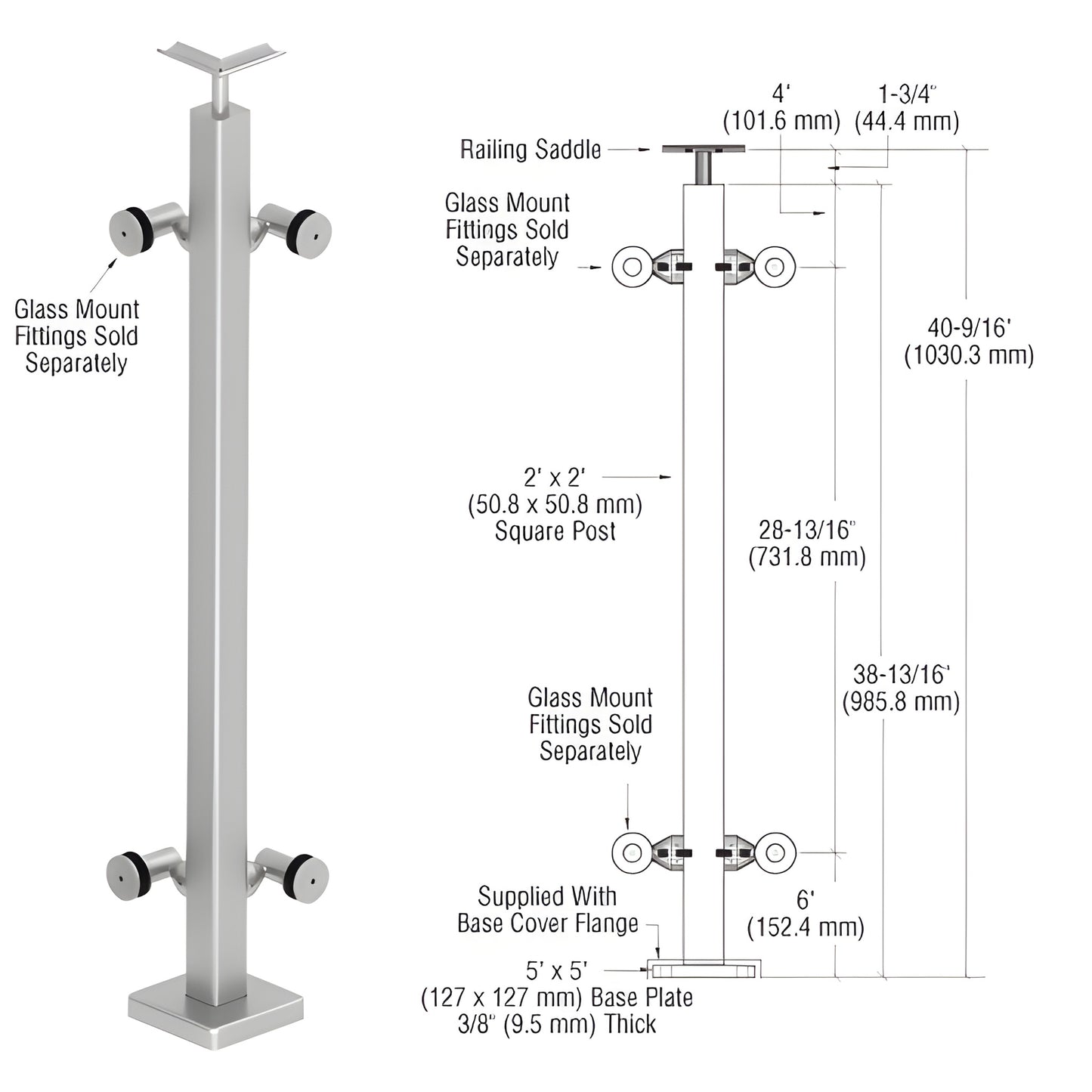 P142LBSC 316 stainless 2x2 in surface-mounted railing post with top saddle; glass fittings separate