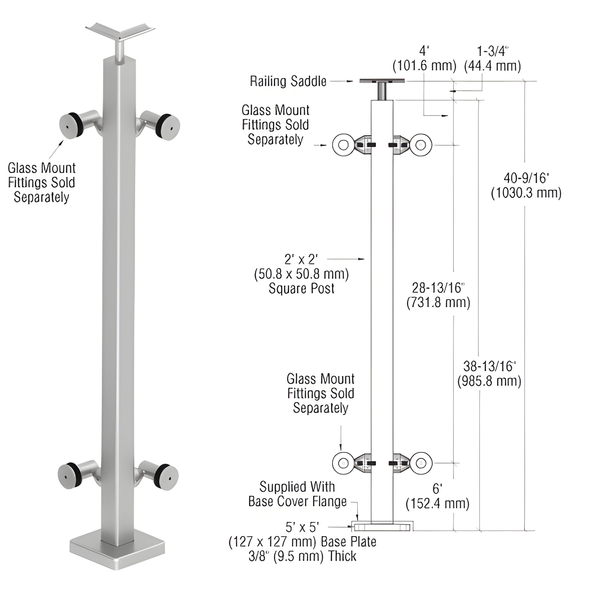 P142LBSC 316 stainless 2x2 in surface-mounted railing post with top saddle; glass fittings separate
