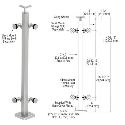 P142LBSC 316 stainless 2x2 in surface-mounted railing post with top saddle; glass fittings separate