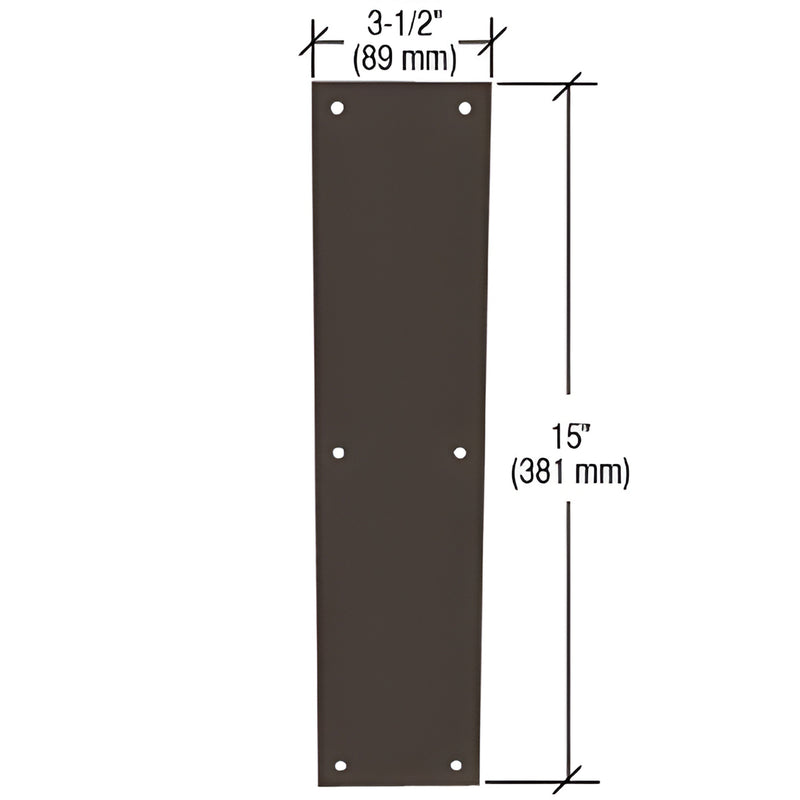 CRL push plate M60310B, oil-rubbed bronze 3-1/2"x15" 18-gauge metal, pre-drilled with four mounting holes.