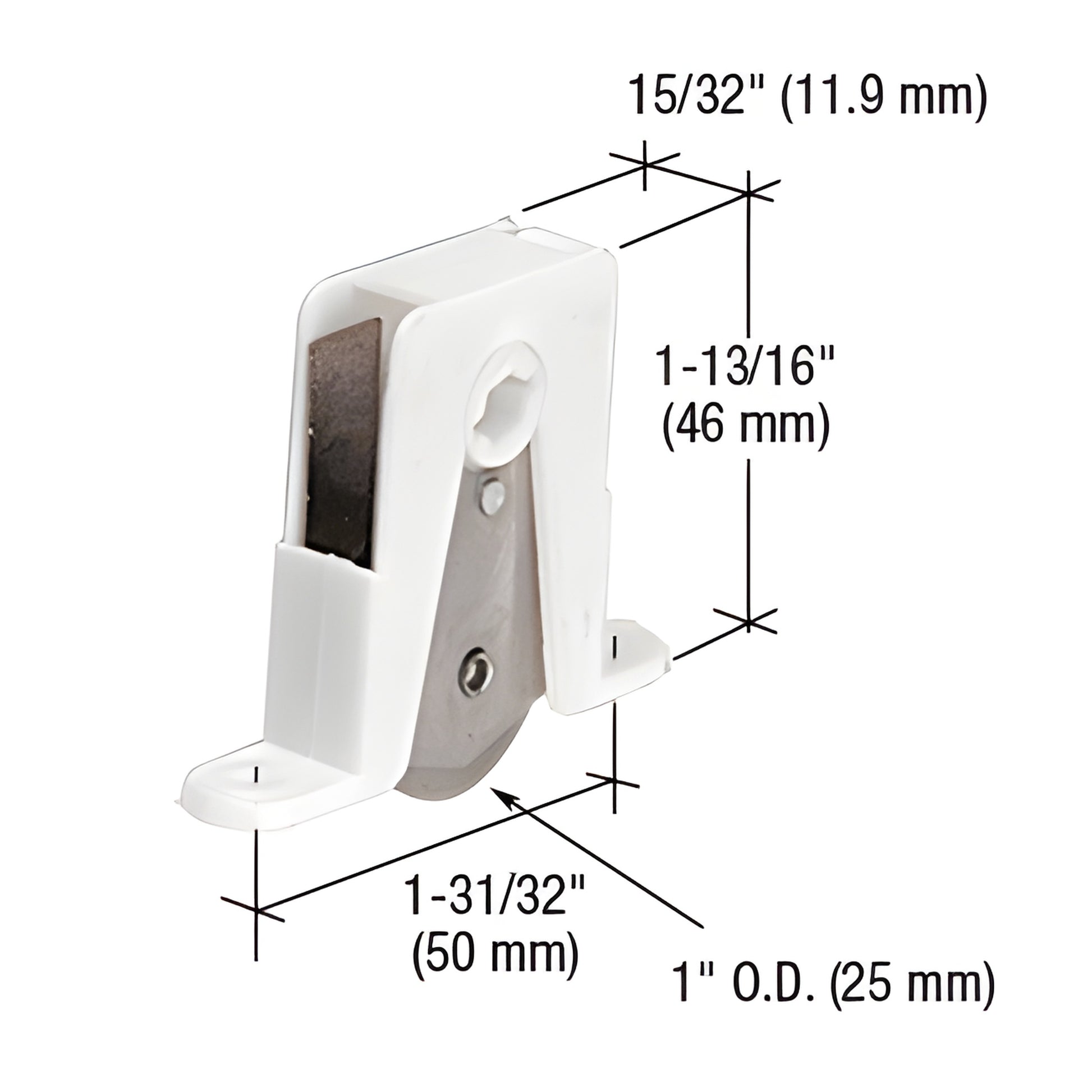 B751 Andersen bottom roller assembly - white nylon housing, stainless steel 1" grooved wheel, adjustable cam, 15/32" wide.