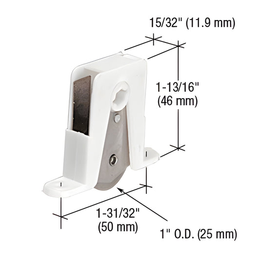 B751 Andersen bottom roller assembly - white nylon housing, stainless steel 1" grooved wheel, adjustable cam, 15/32" wide.