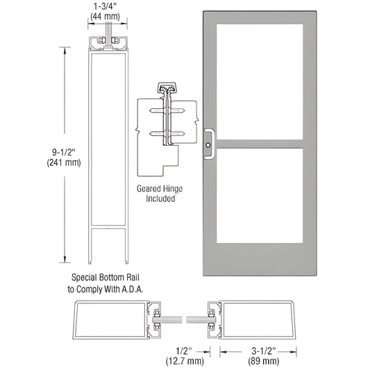 CRL CZ41811 medium-stile commercial entrance door, clear anodized, 3 1/2" stiles, 91 2" ADA bottom rail, geared hinge included
