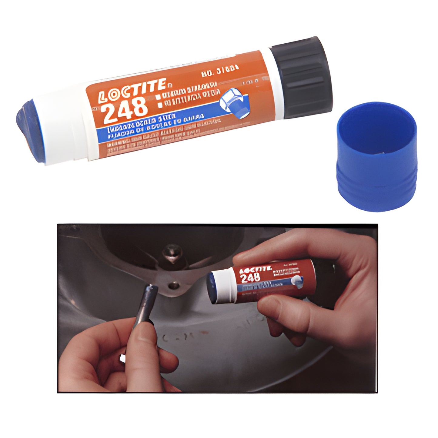 Loctite 248 blue medium-strength threadlocker stick with cap and hands-on application demo (SKU 37684TS)
